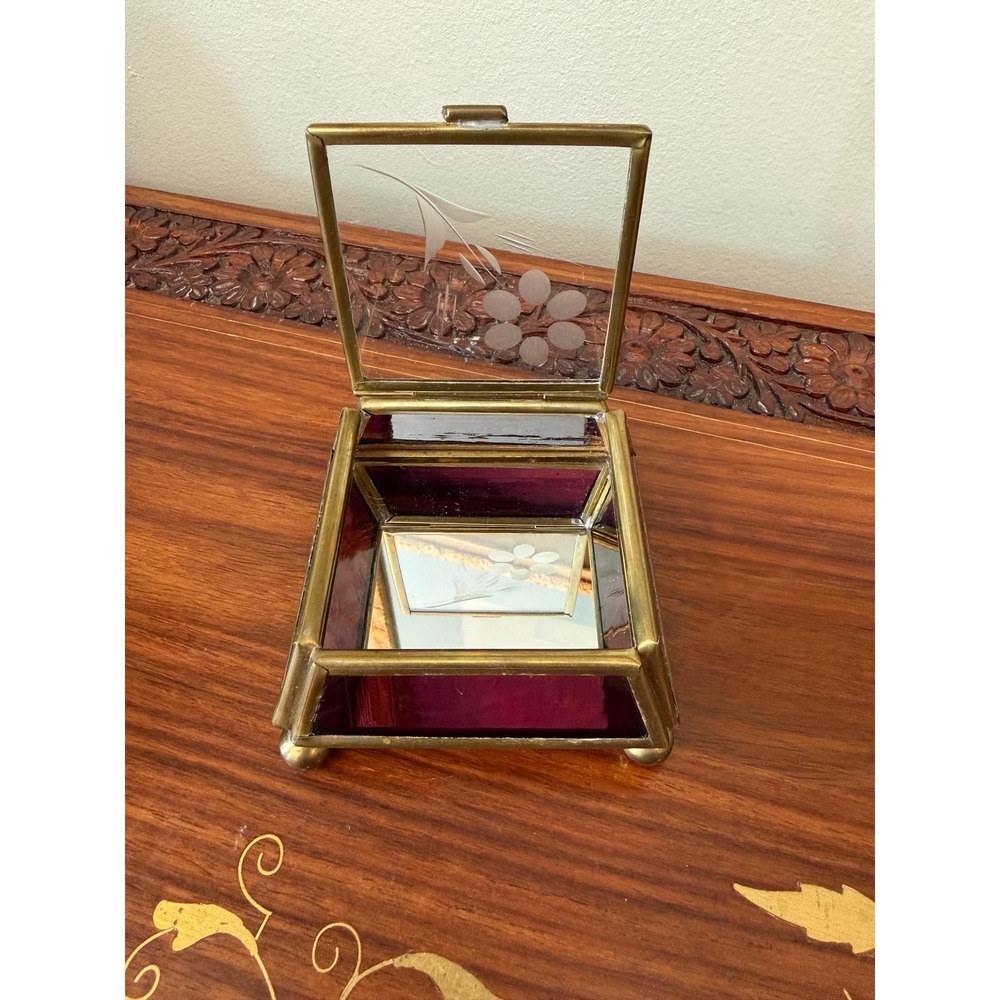 Vintage Brass & Purple Glass Jewelry Box 3"